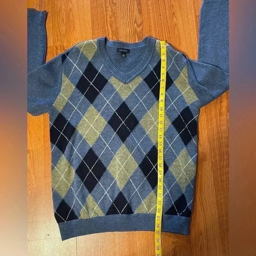Club Room Mens Small Sweater V-Neck Diamond Argyle Print 100% Lambswool Blue